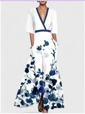 Aimee White & Navy Floral V-Neck Maxi Dress